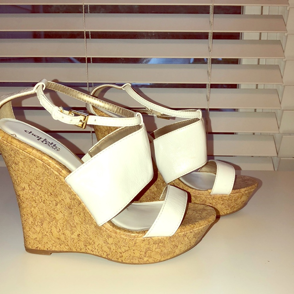 White faux leather wedges